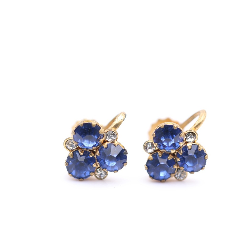 Vintage CARO Blue Rhinestone Floral Earrings Gold Tone Screw Back Cluster